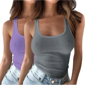 2 Pack Summer Basic Ribbed Tank Tops Women Sexy U Neck Workout Casual Sleeveless T-Shirts Stretchy Gym Cami Shirts
