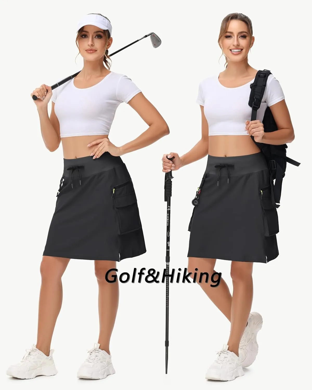 20" Women's Hiking Cargo Skorts Skirts with Zipper Pockets Knee Length Golf Tummy Control Quick Dry Long Skort