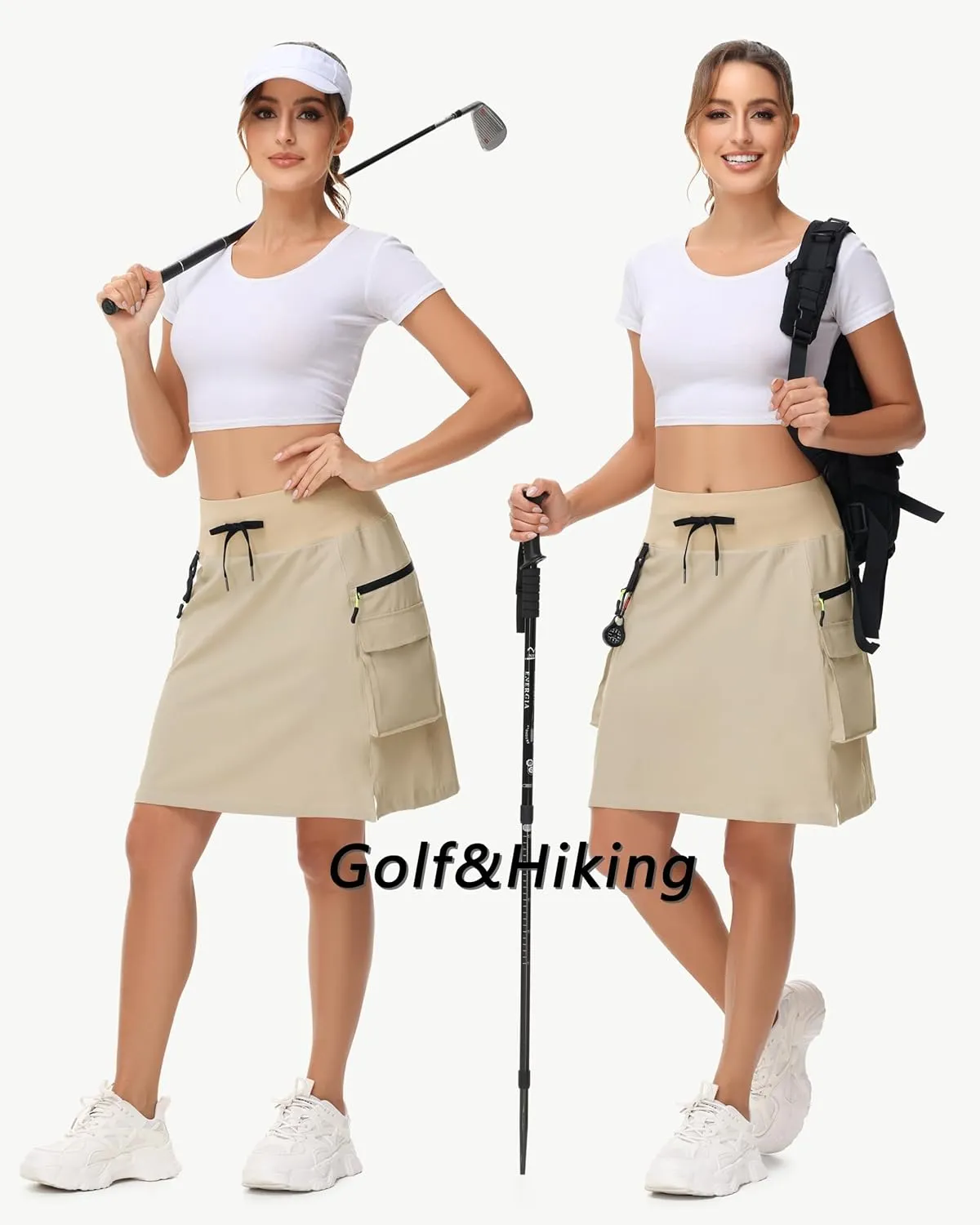 20" Women's Hiking Cargo Skorts Skirts with Zipper Pockets Knee Length Golf Tummy Control Quick Dry Long Skort