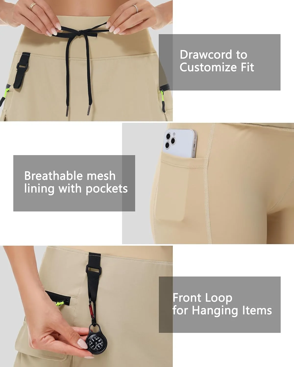 20" Women's Hiking Cargo Skorts Skirts with Zipper Pockets Knee Length Golf Tummy Control Quick Dry Long Skort