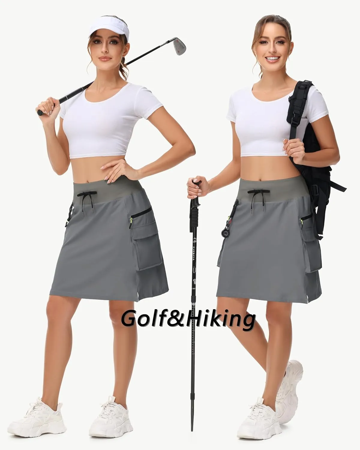 20" Women's Hiking Cargo Skorts Skirts with Zipper Pockets Knee Length Golf Tummy Control Quick Dry Long Skort