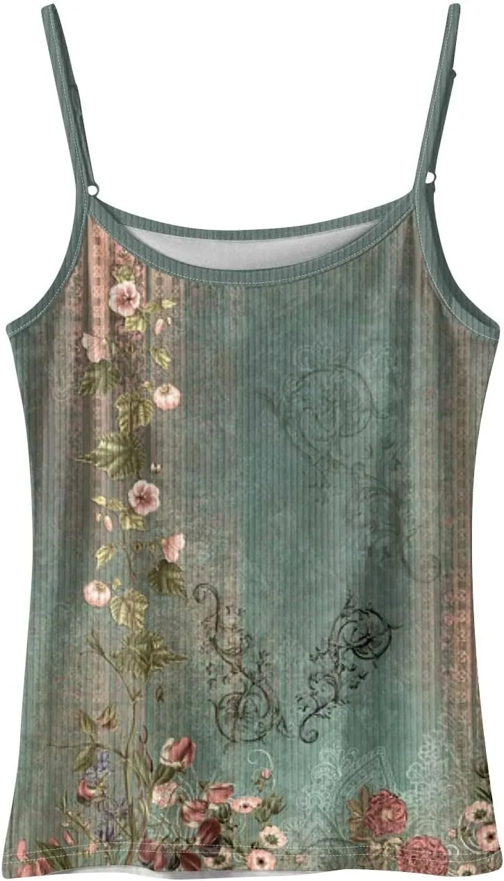Adjustable Spaghetti Strap Tank Top Plus Size Summer Camisole Crew Neck Stretchy Ribbed Vacation Outfits