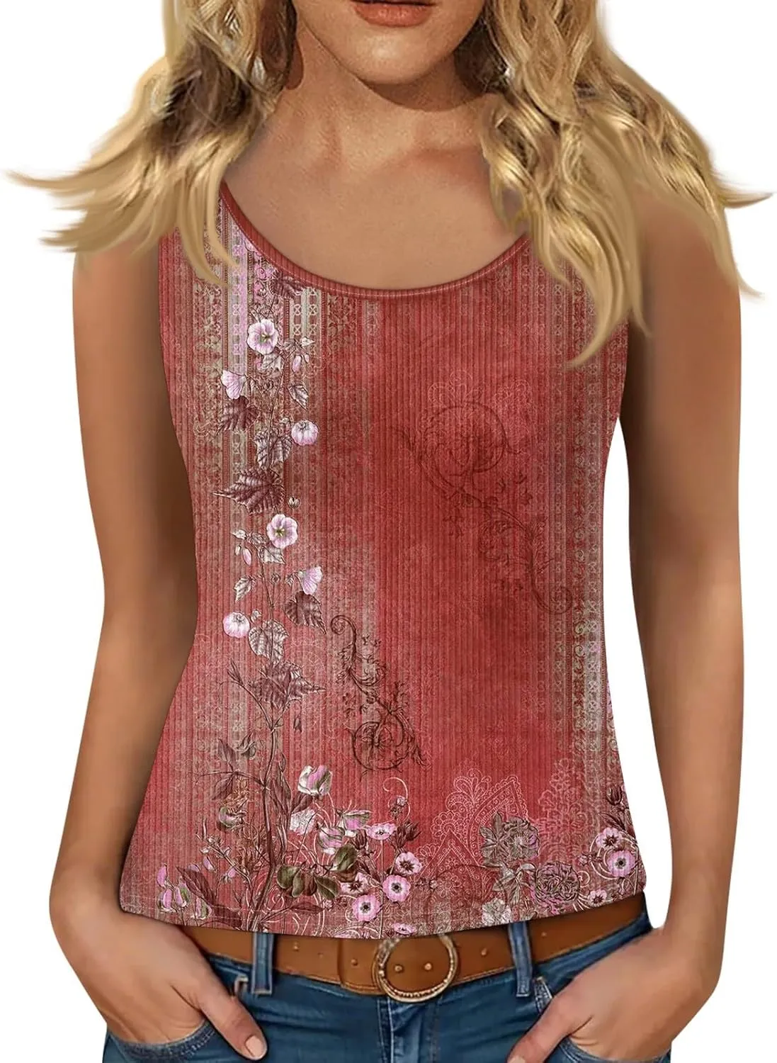 Adjustable Spaghetti Strap Tank Top Plus Size Summer Camisole Crew Neck Stretchy Ribbed Vacation Outfits