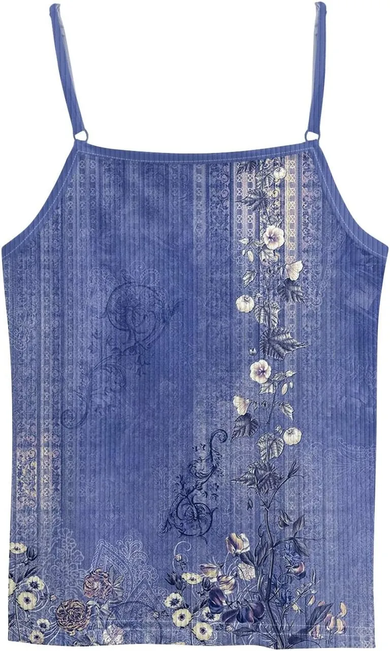Adjustable Spaghetti Strap Tank Top Plus Size Summer Camisole Crew Neck Stretchy Ribbed Vacation Outfits