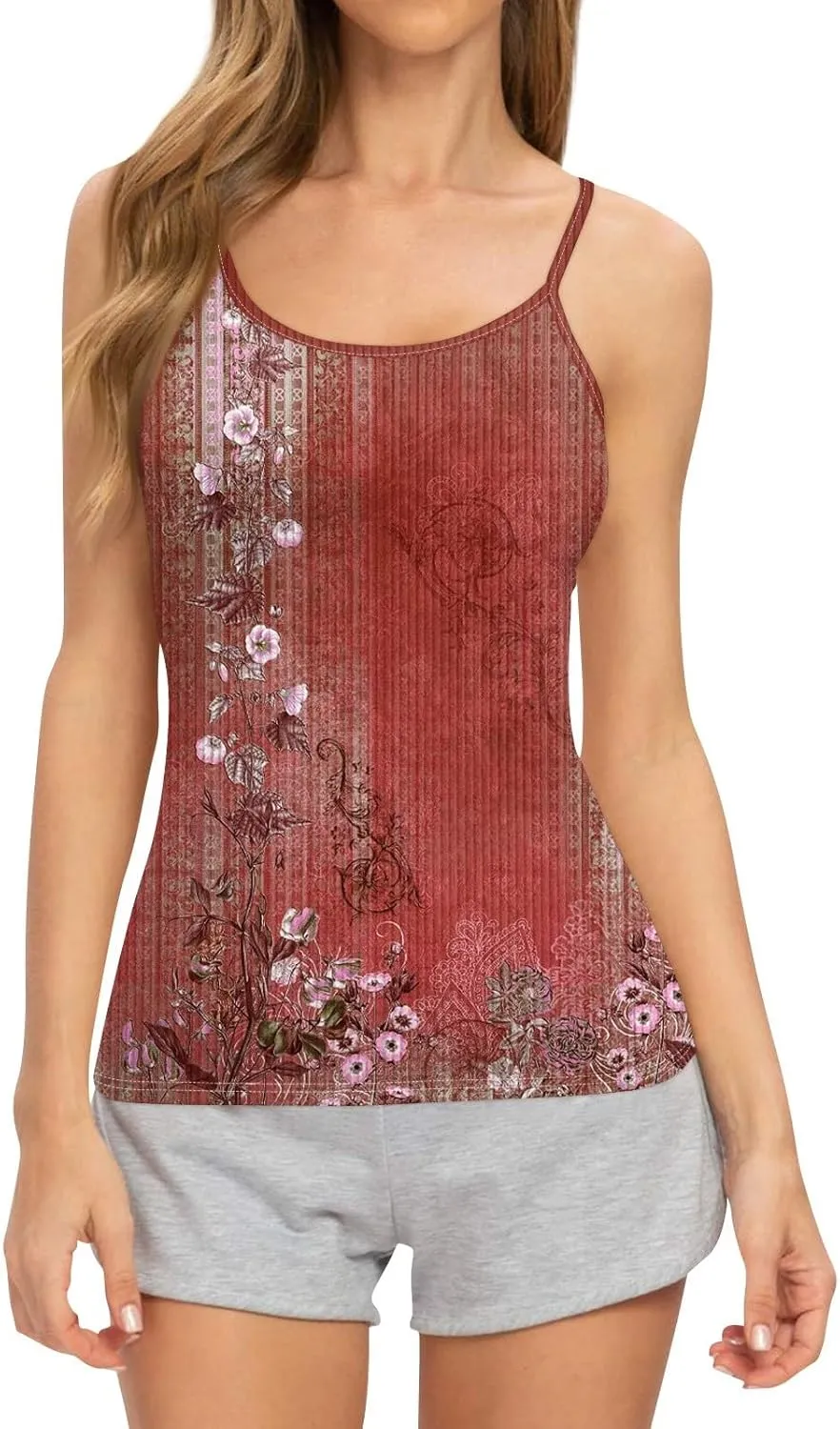Adjustable Spaghetti Strap Tank Top Plus Size Summer Camisole Crew Neck Stretchy Ribbed Vacation Outfits