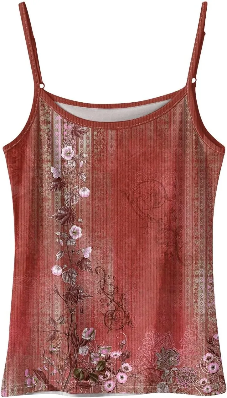 Adjustable Spaghetti Strap Tank Top Plus Size Summer Camisole Crew Neck Stretchy Ribbed Vacation Outfits
