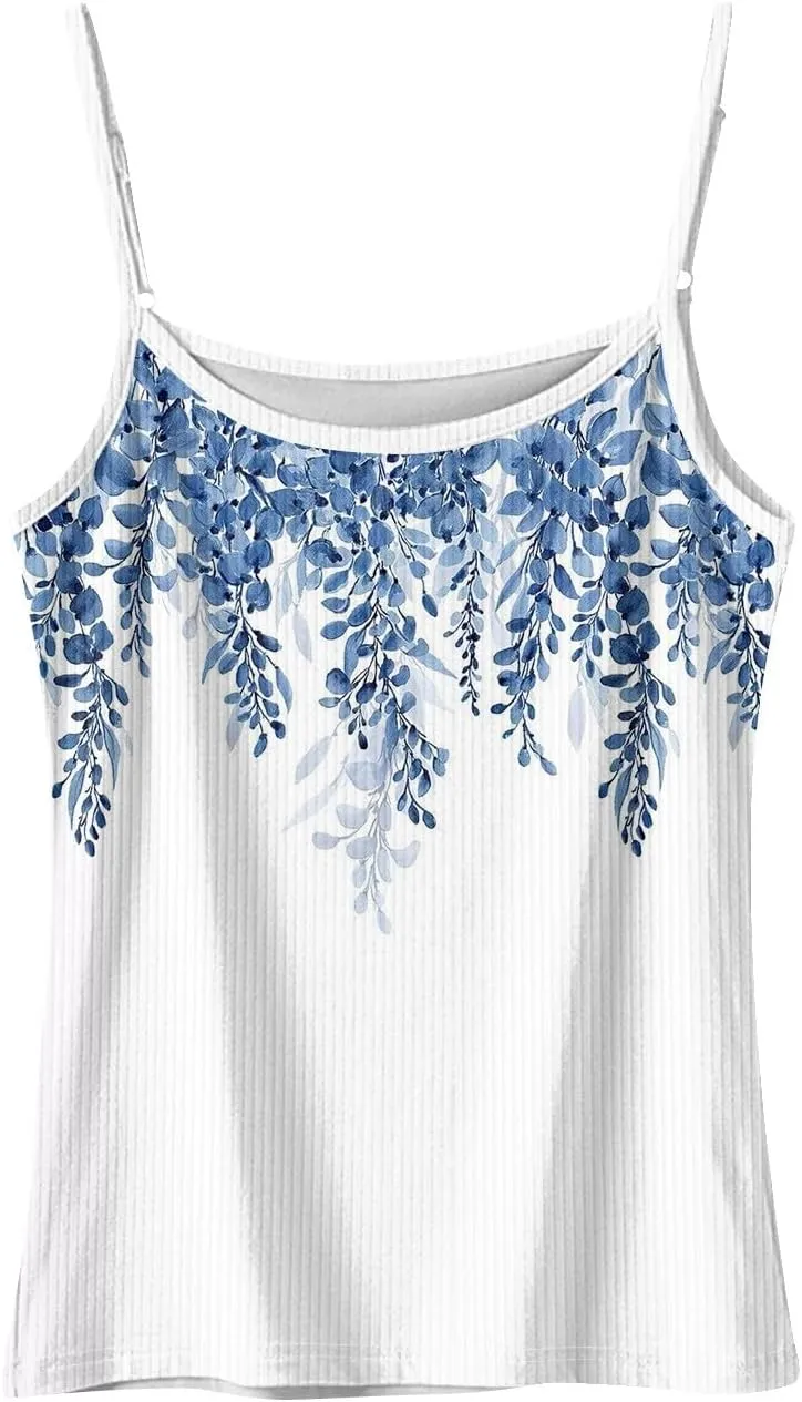 Adjustable Spaghetti Strap Tank Top Plus Size Summer Camisole Crew Neck Stretchy Ribbed Vacation Outfits