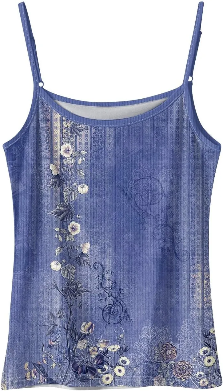 Adjustable Spaghetti Strap Tank Top Plus Size Summer Camisole Crew Neck Stretchy Ribbed Vacation Outfits