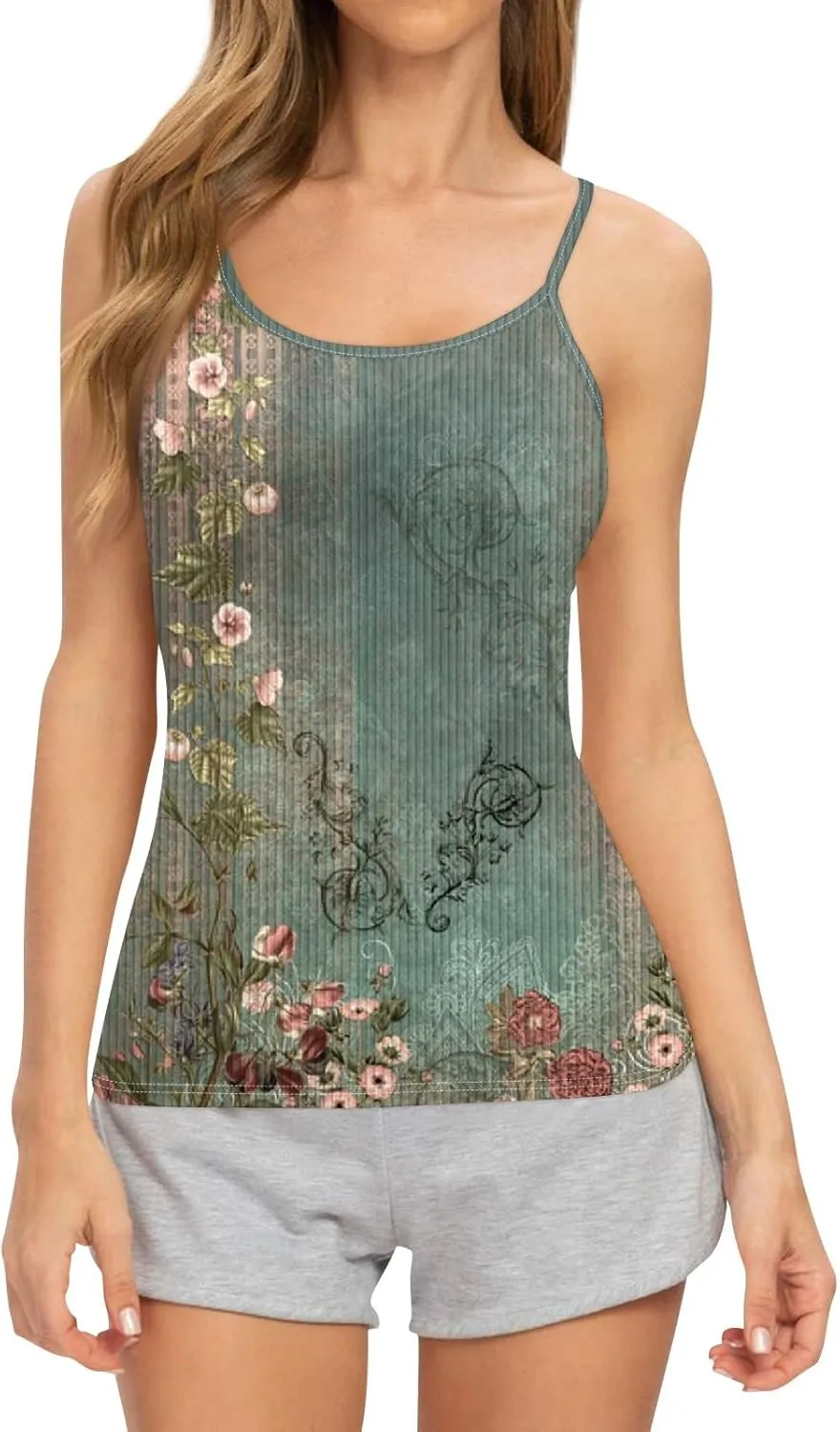 Adjustable Spaghetti Strap Tank Top Plus Size Summer Camisole Crew Neck Stretchy Ribbed Vacation Outfits