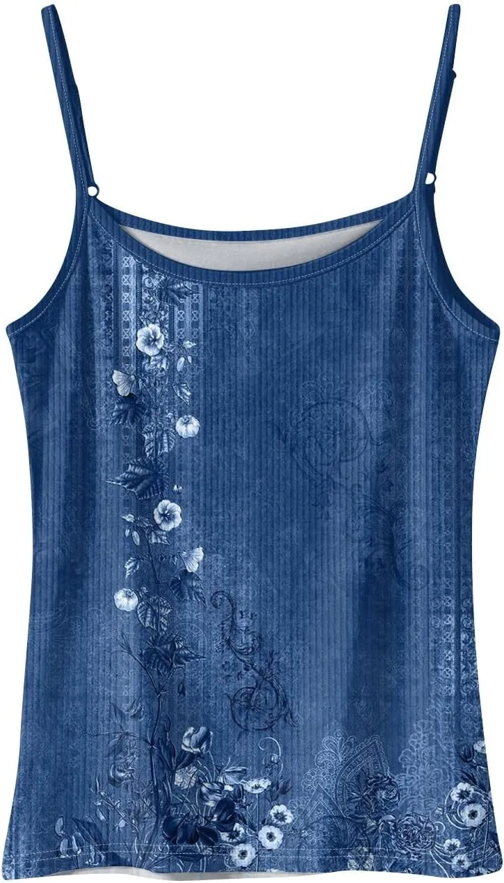 Adjustable Spaghetti Strap Tank Top Plus Size Summer Camisole Crew Neck Stretchy Ribbed Vacation Outfits