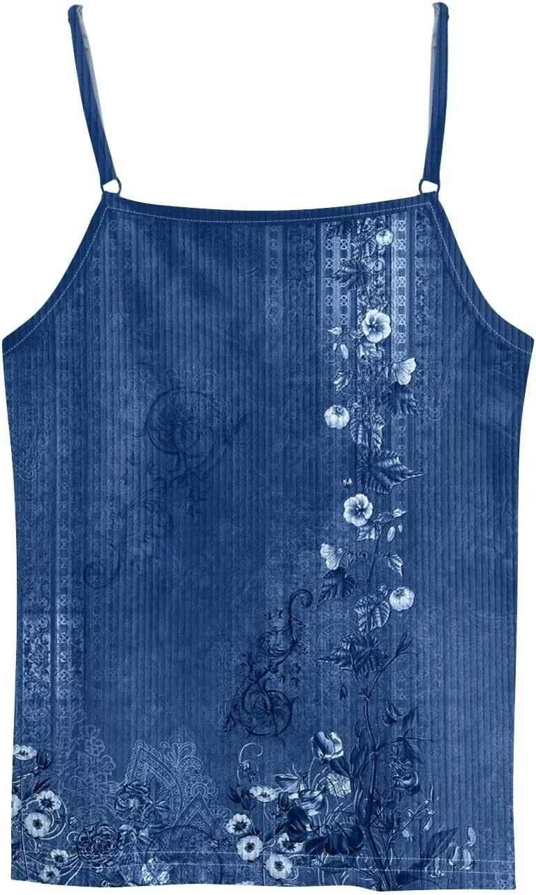 Adjustable Spaghetti Strap Tank Top Plus Size Summer Camisole Crew Neck Stretchy Ribbed Vacation Outfits