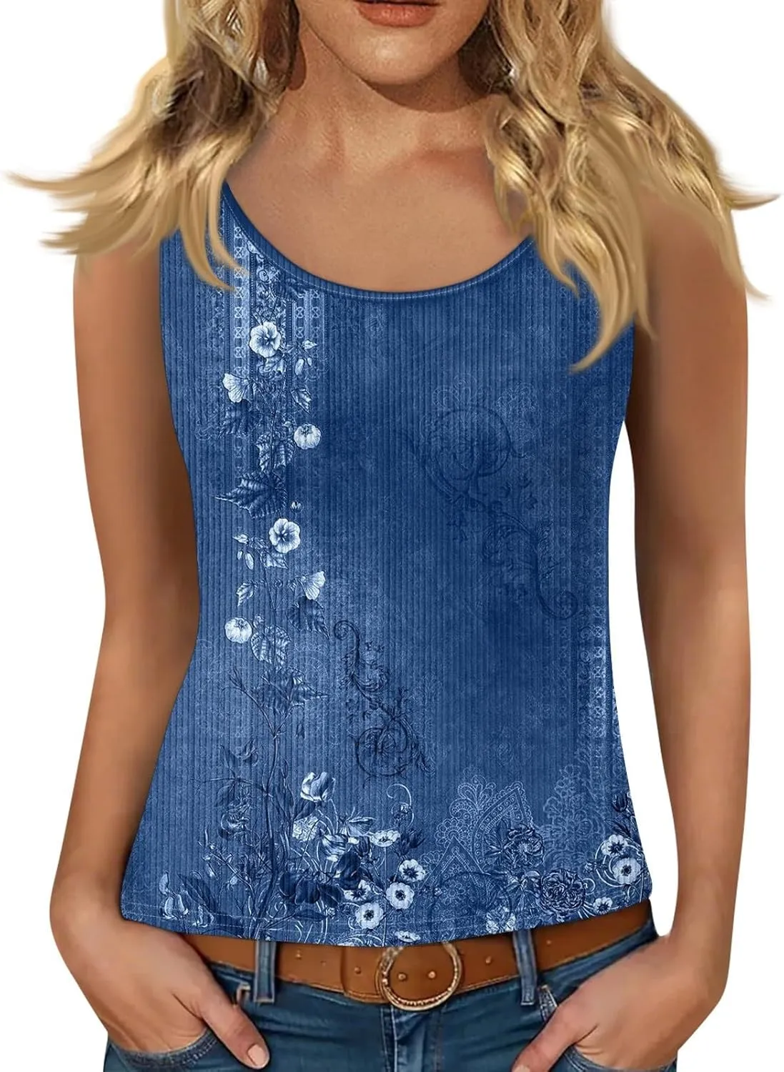 Adjustable Spaghetti Strap Tank Top Plus Size Summer Camisole Crew Neck Stretchy Ribbed Vacation Outfits