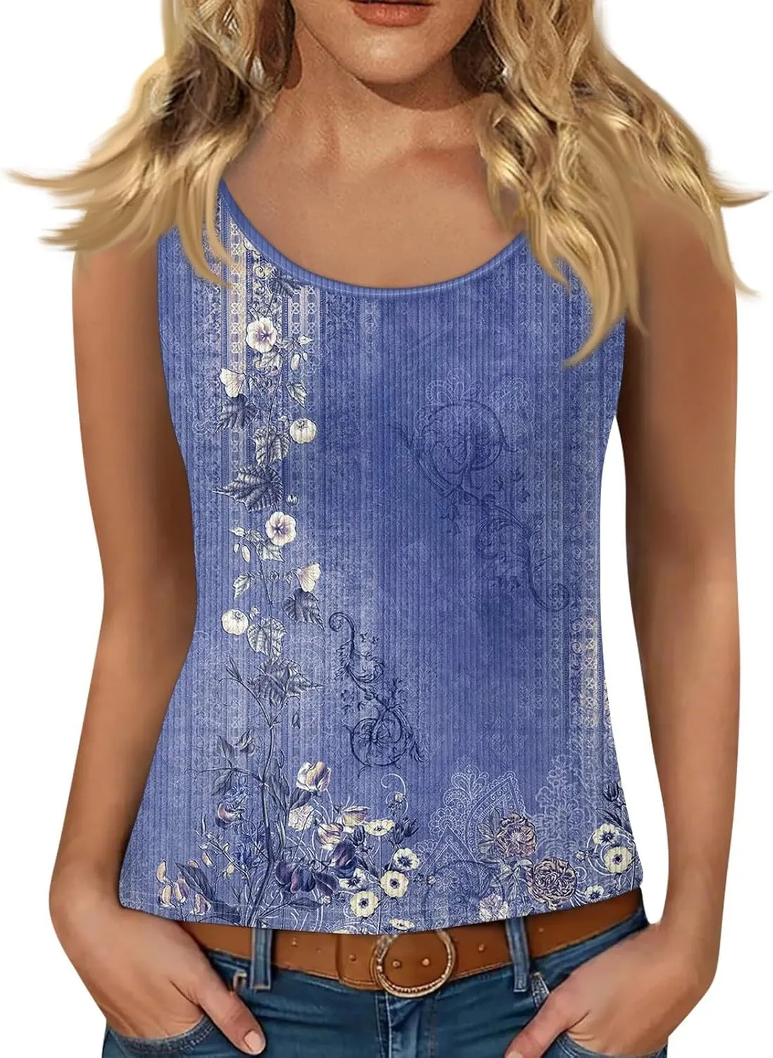 Adjustable Spaghetti Strap Tank Top Plus Size Summer Camisole Crew Neck Stretchy Ribbed Vacation Outfits