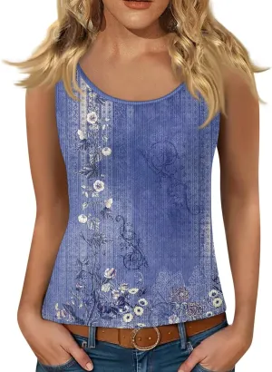 Adjustable Spaghetti Strap Tank Top Plus Size Summer Camisole Crew Neck Stretchy Ribbed Vacation Outfits