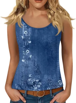 Adjustable Spaghetti Strap Tank Top Plus Size Summer Camisole Crew Neck Stretchy Ribbed Vacation Outfits