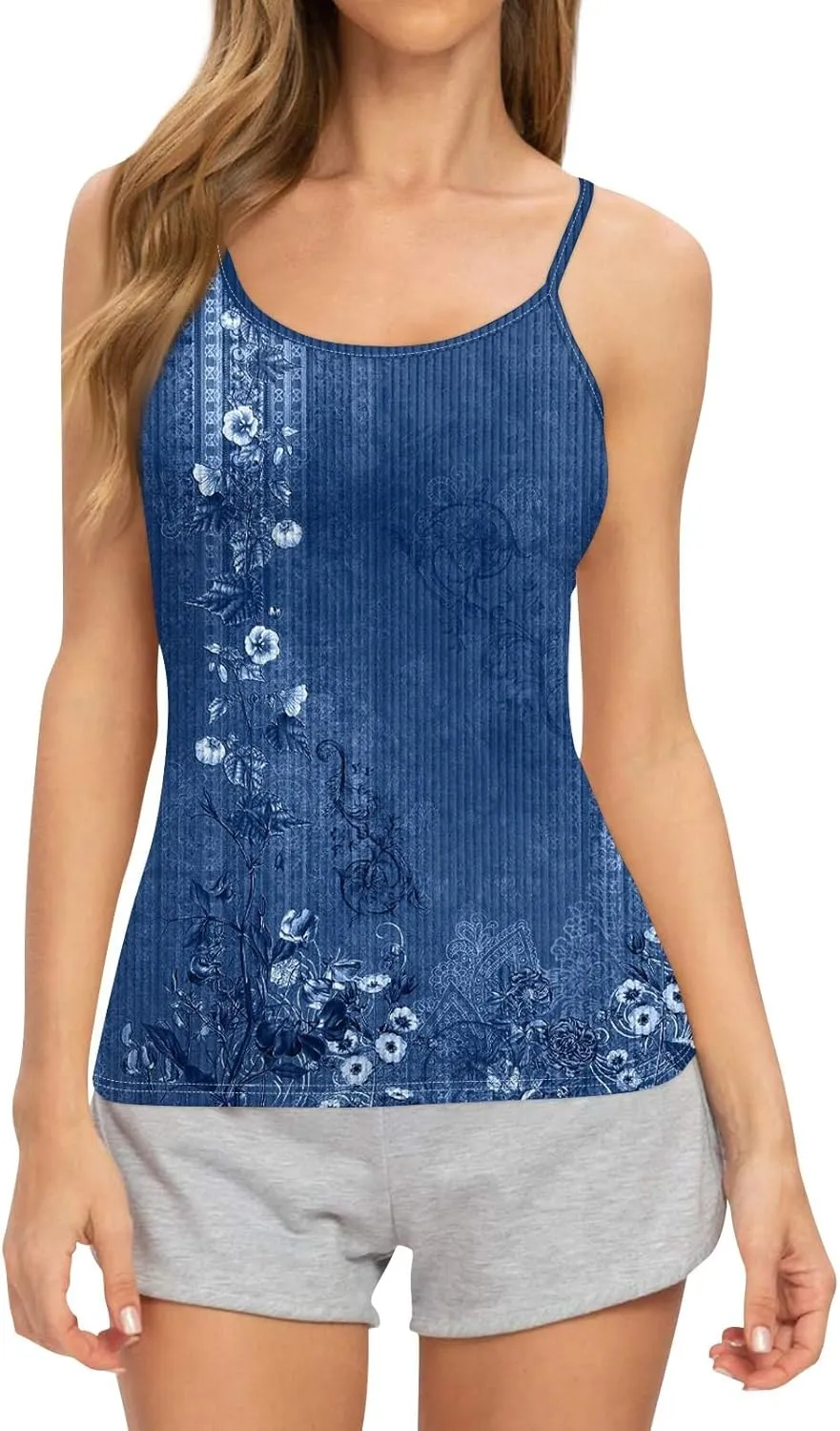 Adjustable Spaghetti Strap Tank Top Plus Size Summer Camisole Crew Neck Stretchy Ribbed Vacation Outfits