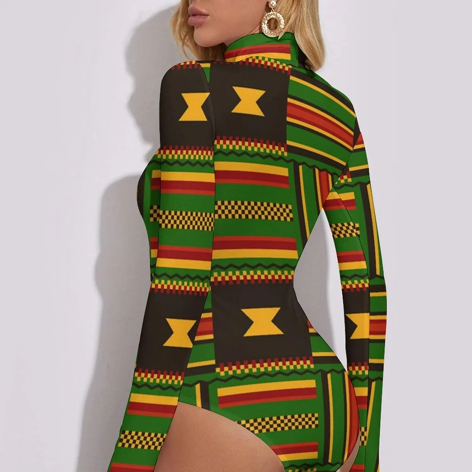 African Kente Cloth Tribal Print Women's Bodysuit Tops Turtle Neck Long Sleeve Jumpsuit Casual Stretchy T Shirt