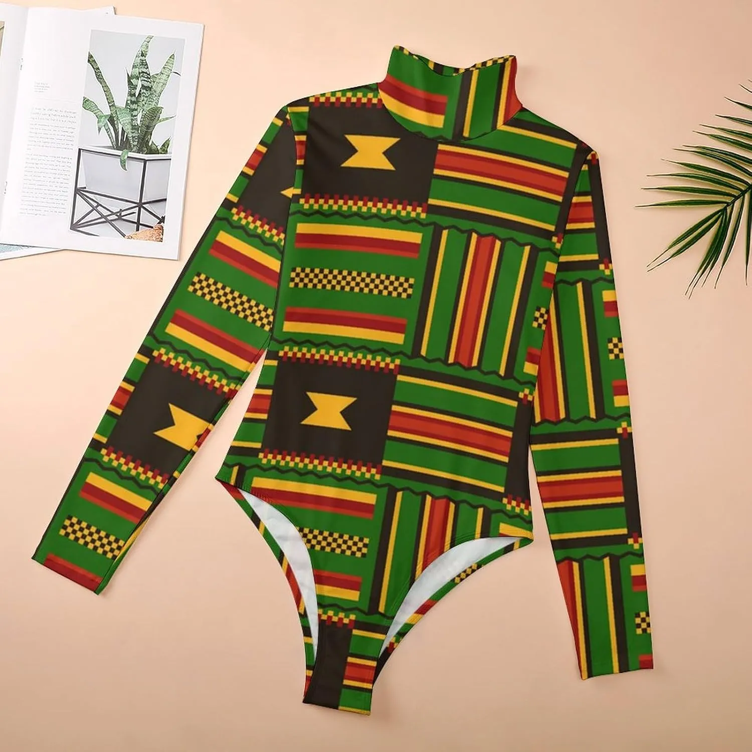 African Kente Cloth Tribal Print Women's Bodysuit Tops Turtle Neck Long Sleeve Jumpsuit Casual Stretchy T Shirt