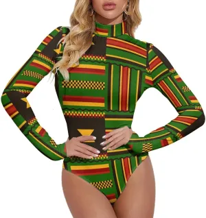 African Kente Cloth Tribal Print Women's Bodysuit Tops Turtle Neck Long Sleeve Jumpsuit Casual Stretchy T Shirt