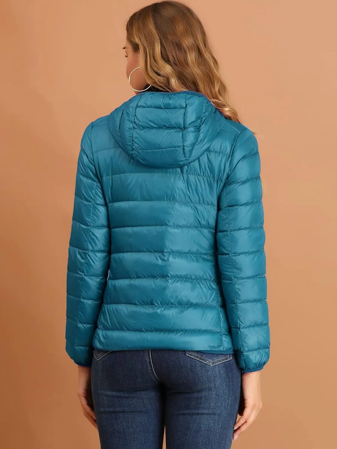 Allegra K Women's Puffer Coat Winter Long Sleeve Zip Up Hooded Lightweight Packable Down Jacket