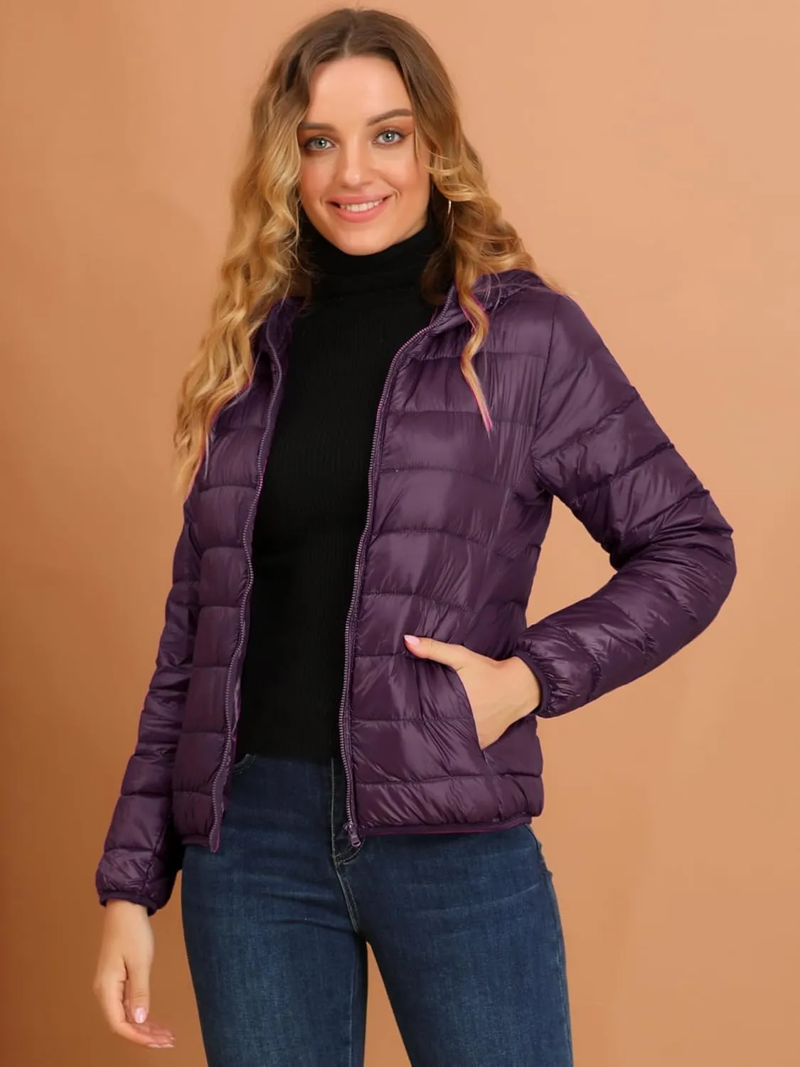 Allegra K Women's Puffer Coat Winter Long Sleeve Zip Up Hooded Lightweight Packable Down Jacket