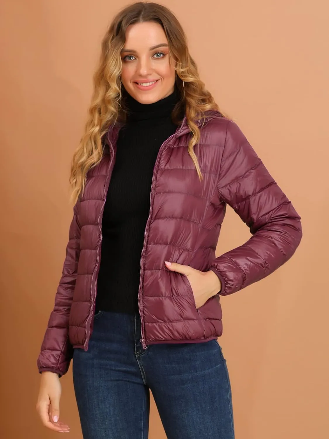 Allegra K Women's Puffer Coat Winter Long Sleeve Zip Up Hooded Lightweight Packable Down Jacket