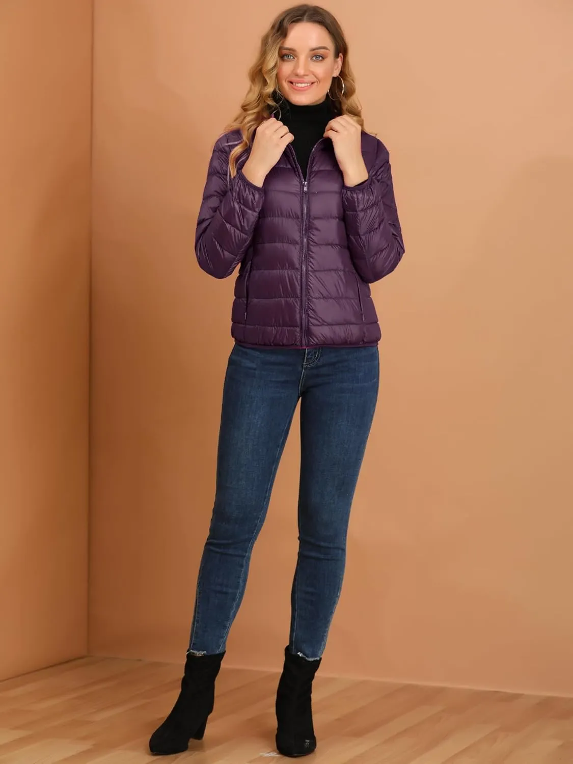 Allegra K Women's Puffer Coat Winter Long Sleeve Zip Up Hooded Lightweight Packable Down Jacket