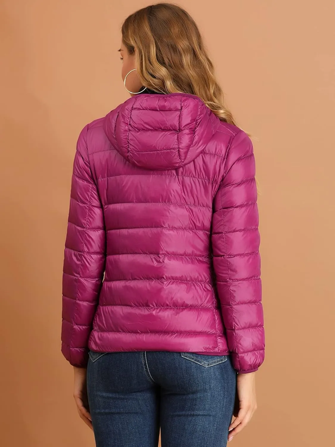 Allegra K Women's Puffer Coat Winter Long Sleeve Zip Up Hooded Lightweight Packable Down Jacket