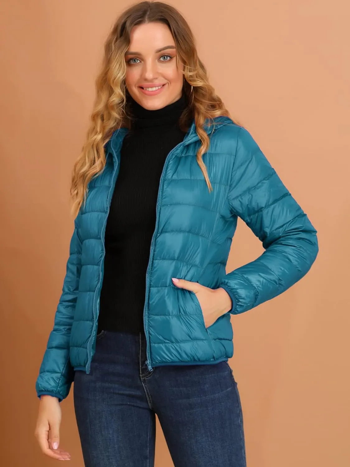 Allegra K Women's Puffer Coat Winter Long Sleeve Zip Up Hooded Lightweight Packable Down Jacket