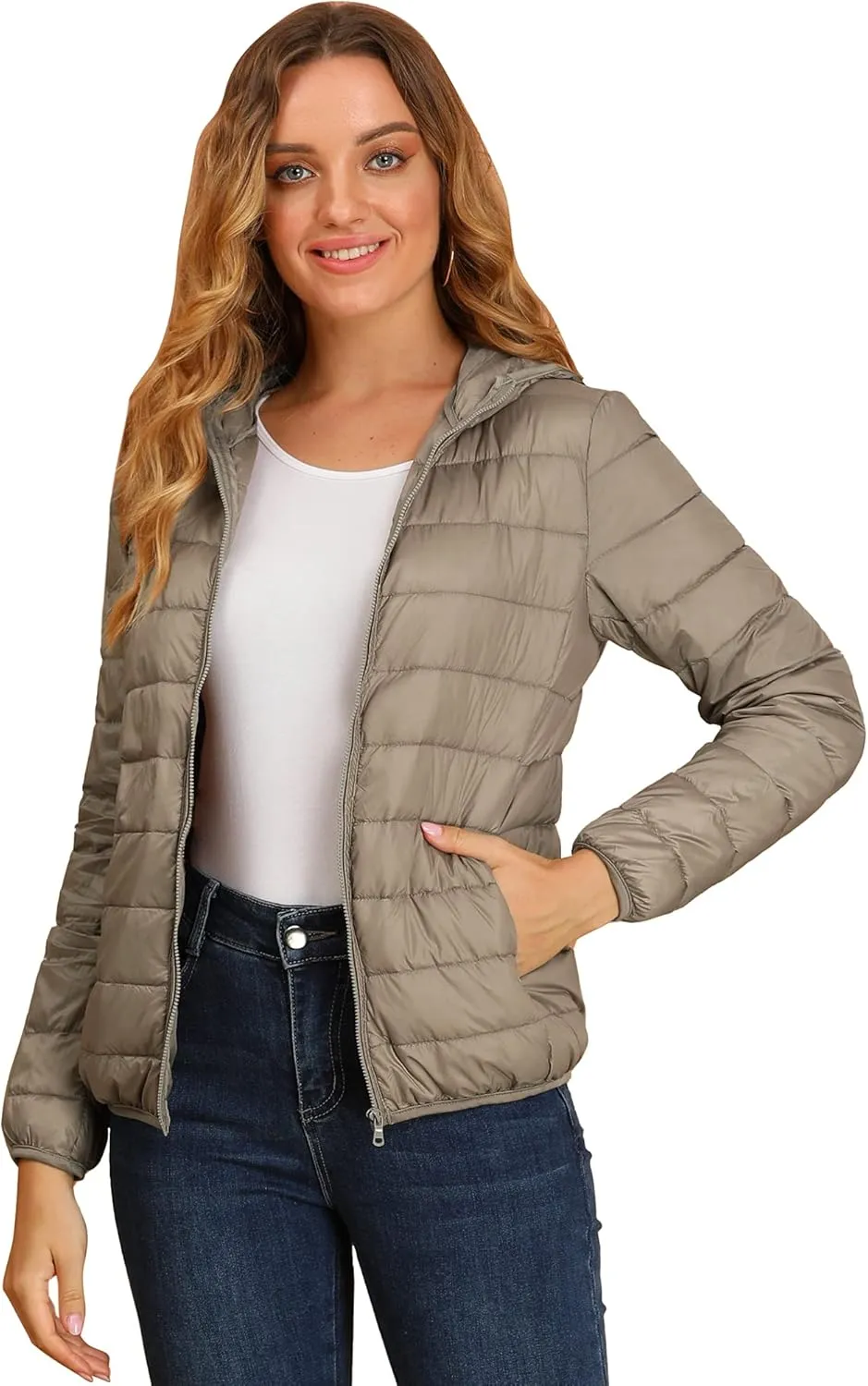 Allegra K Women's Puffer Coat Winter Long Sleeve Zip Up Hooded Lightweight Packable Down Jacket