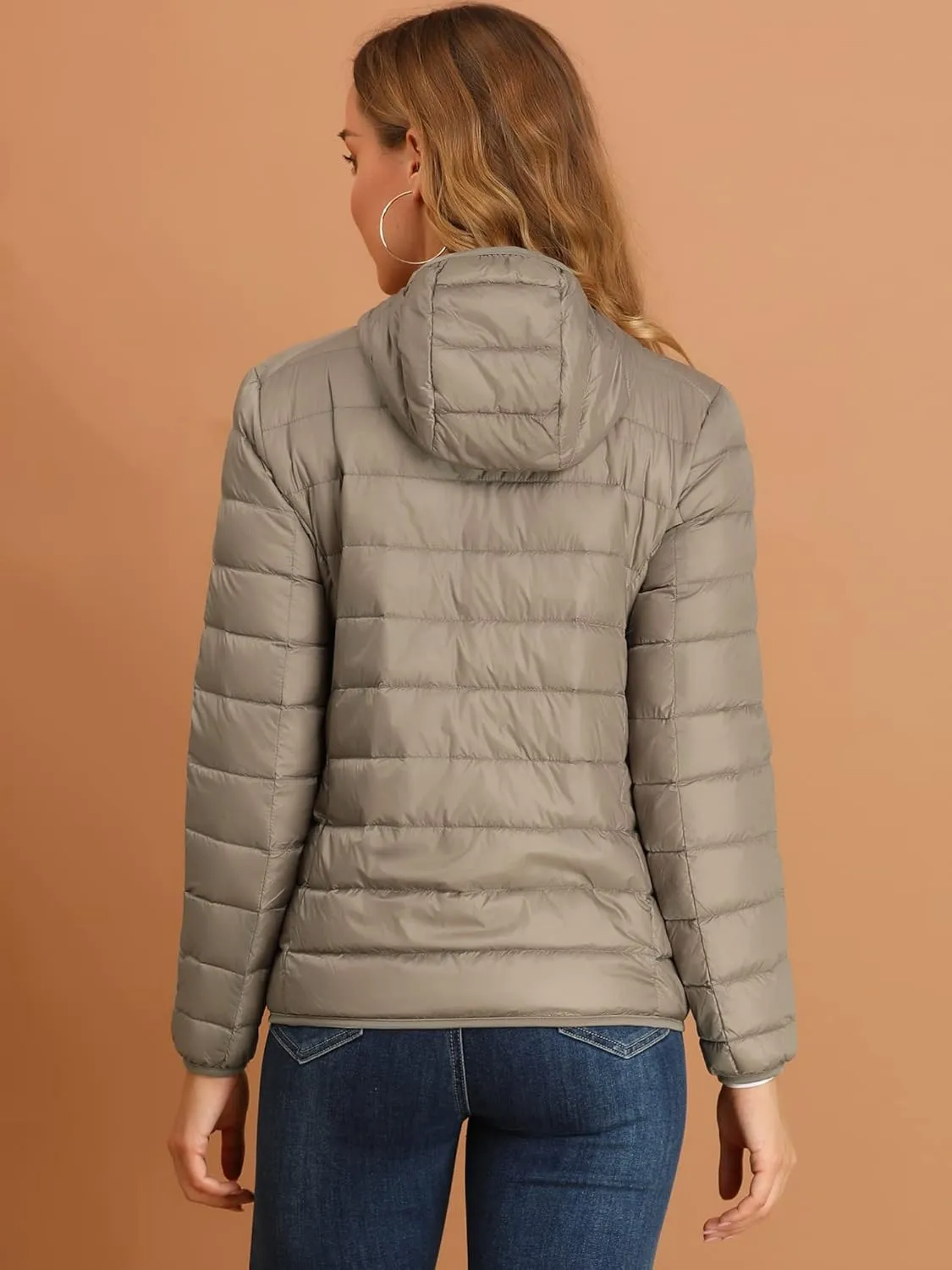 Allegra K Women's Puffer Coat Winter Long Sleeve Zip Up Hooded Lightweight Packable Down Jacket