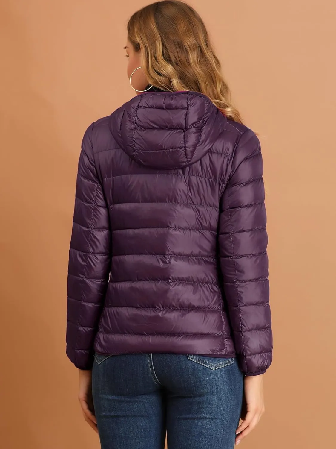 Allegra K Women's Puffer Coat Winter Long Sleeve Zip Up Hooded Lightweight Packable Down Jacket