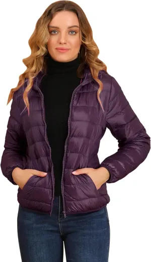 Allegra K Women's Puffer Coat Winter Long Sleeve Zip Up Hooded Lightweight Packable Down Jacket