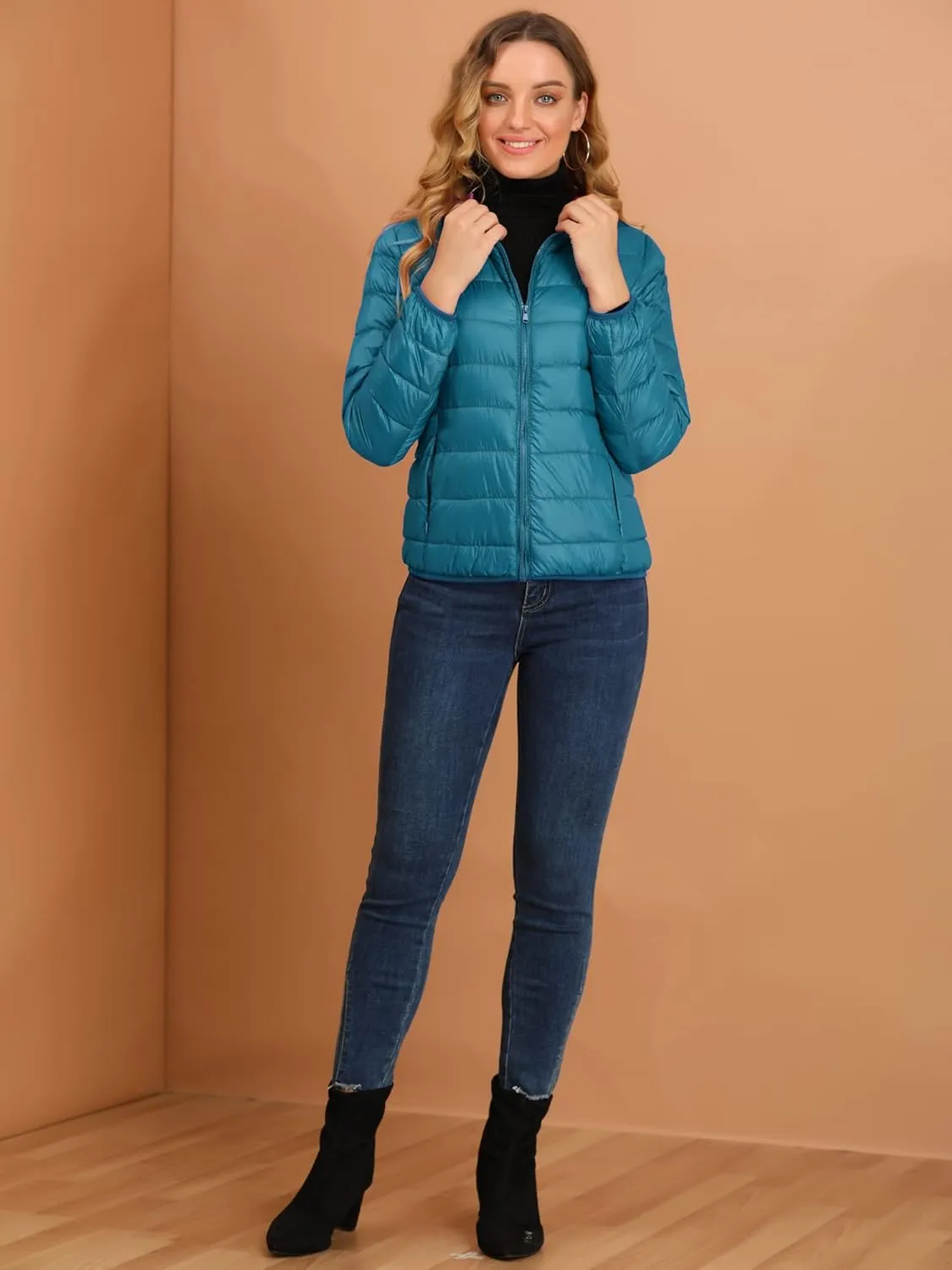 Allegra K Women's Puffer Coat Winter Long Sleeve Zip Up Hooded Lightweight Packable Down Jacket