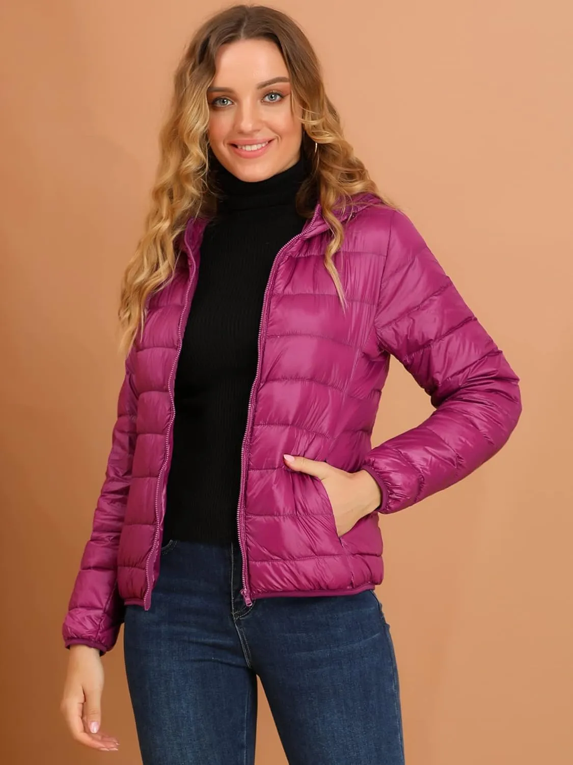 Allegra K Women's Puffer Coat Winter Long Sleeve Zip Up Hooded Lightweight Packable Down Jacket