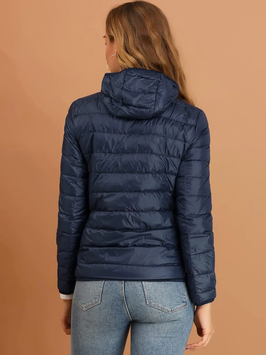 Allegra K Women's Puffer Coat Winter Long Sleeve Zip Up Hooded Lightweight Packable Down Jacket