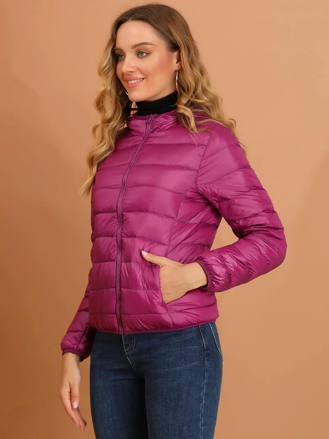 Allegra K Women's Puffer Coat Winter Long Sleeve Zip Up Hooded Lightweight Packable Down Jacket
