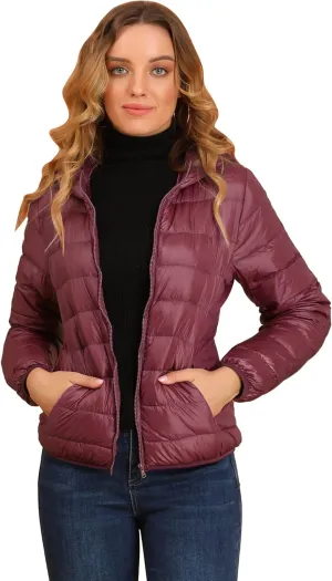 Allegra K Women's Puffer Coat Winter Long Sleeve Zip Up Hooded Lightweight Packable Down Jacket