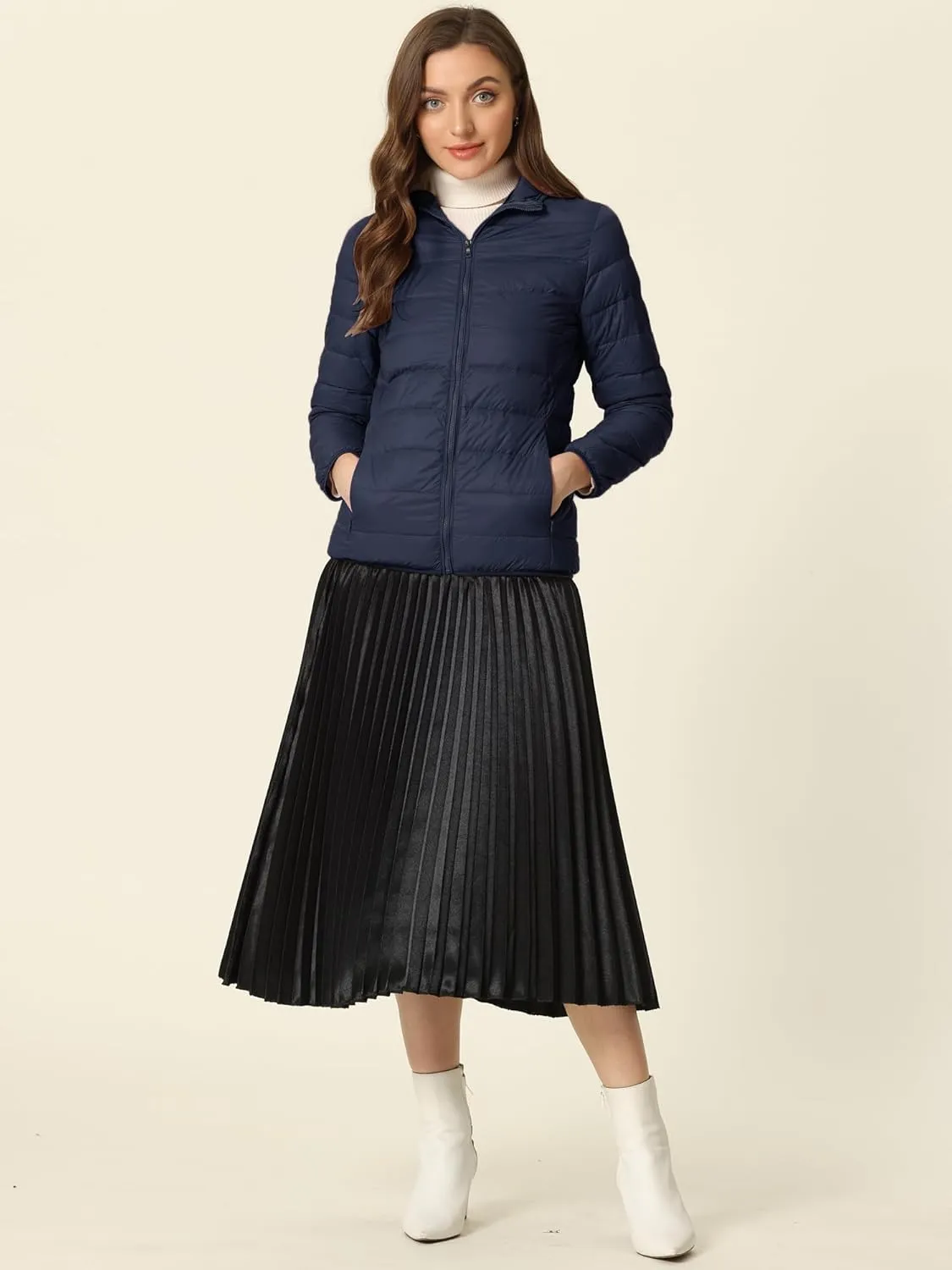 Allegra K Women's Puffer Coat Winter Long Sleeve Zip Up Hooded Lightweight Packable Down Jacket
