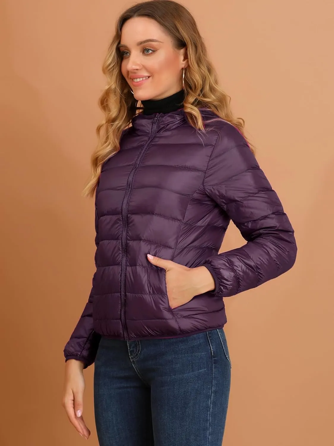 Allegra K Women's Puffer Coat Winter Long Sleeve Zip Up Hooded Lightweight Packable Down Jacket