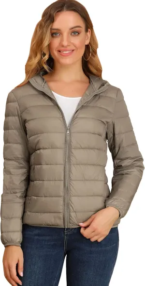 Allegra K Women's Puffer Coat Winter Long Sleeve Zip Up Hooded Lightweight Packable Down Jacket