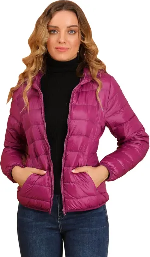 Allegra K Women's Puffer Coat Winter Long Sleeve Zip Up Hooded Lightweight Packable Down Jacket