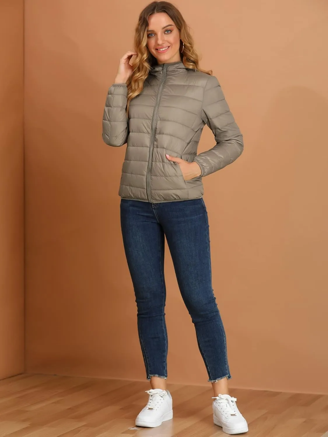 Allegra K Women's Puffer Coat Winter Long Sleeve Zip Up Hooded Lightweight Packable Down Jacket