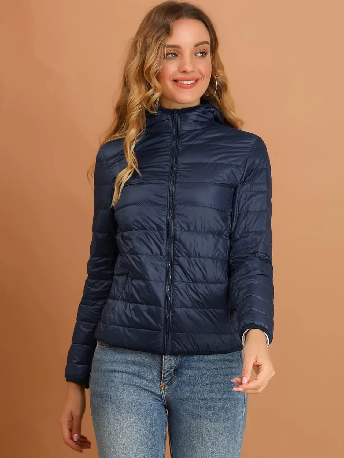 Allegra K Women's Puffer Coat Winter Long Sleeve Zip Up Hooded Lightweight Packable Down Jacket