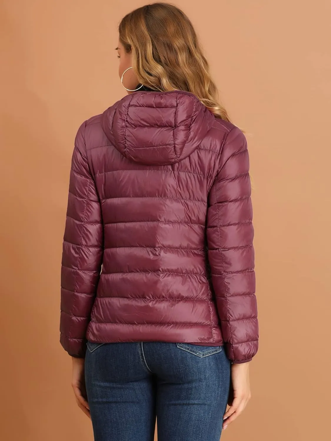 Allegra K Women's Puffer Coat Winter Long Sleeve Zip Up Hooded Lightweight Packable Down Jacket