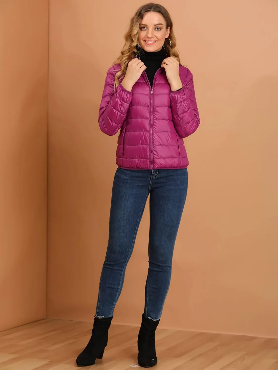 Allegra K Women's Puffer Coat Winter Long Sleeve Zip Up Hooded Lightweight Packable Down Jacket