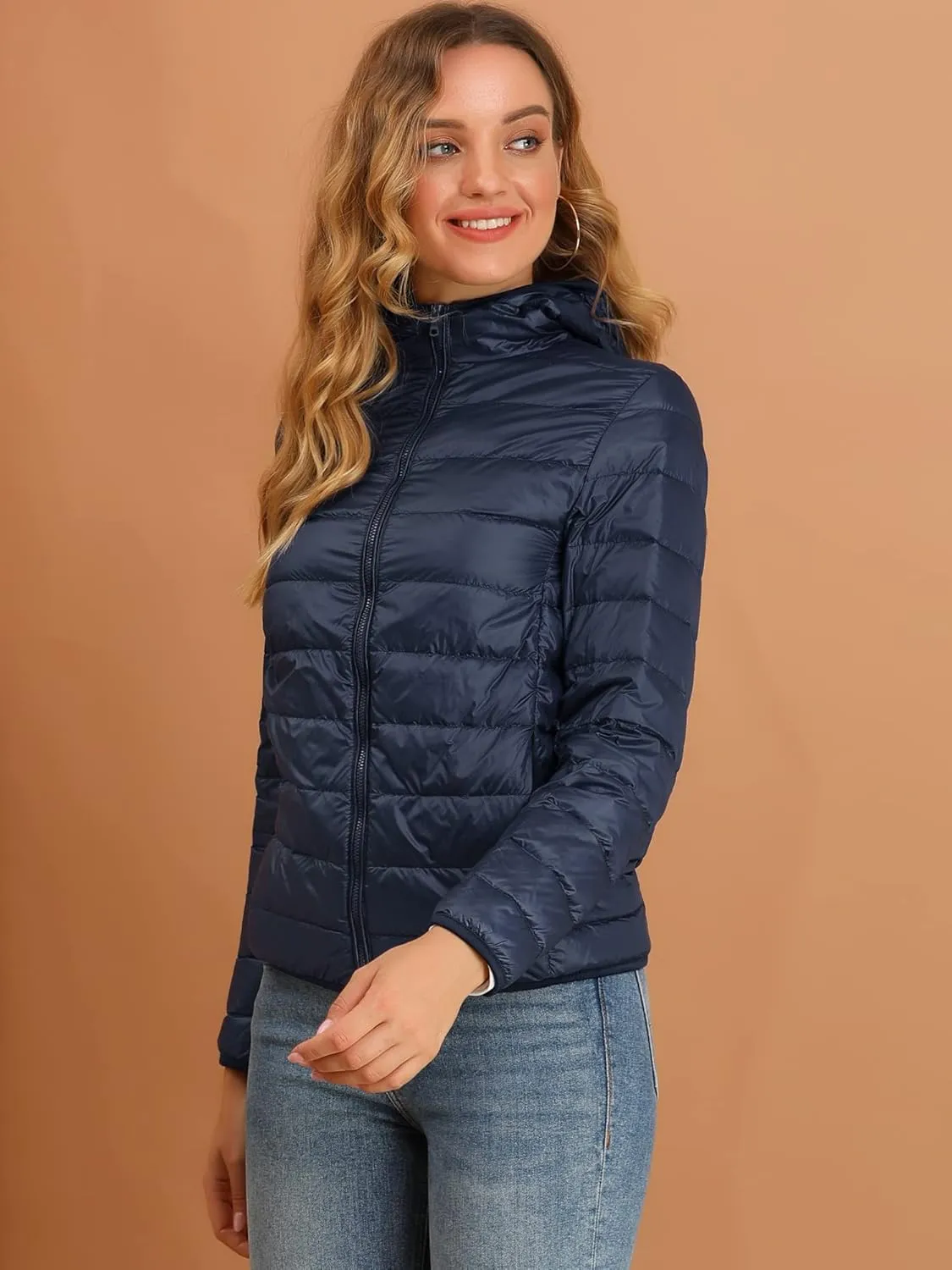 Allegra K Women's Puffer Coat Winter Long Sleeve Zip Up Hooded Lightweight Packable Down Jacket