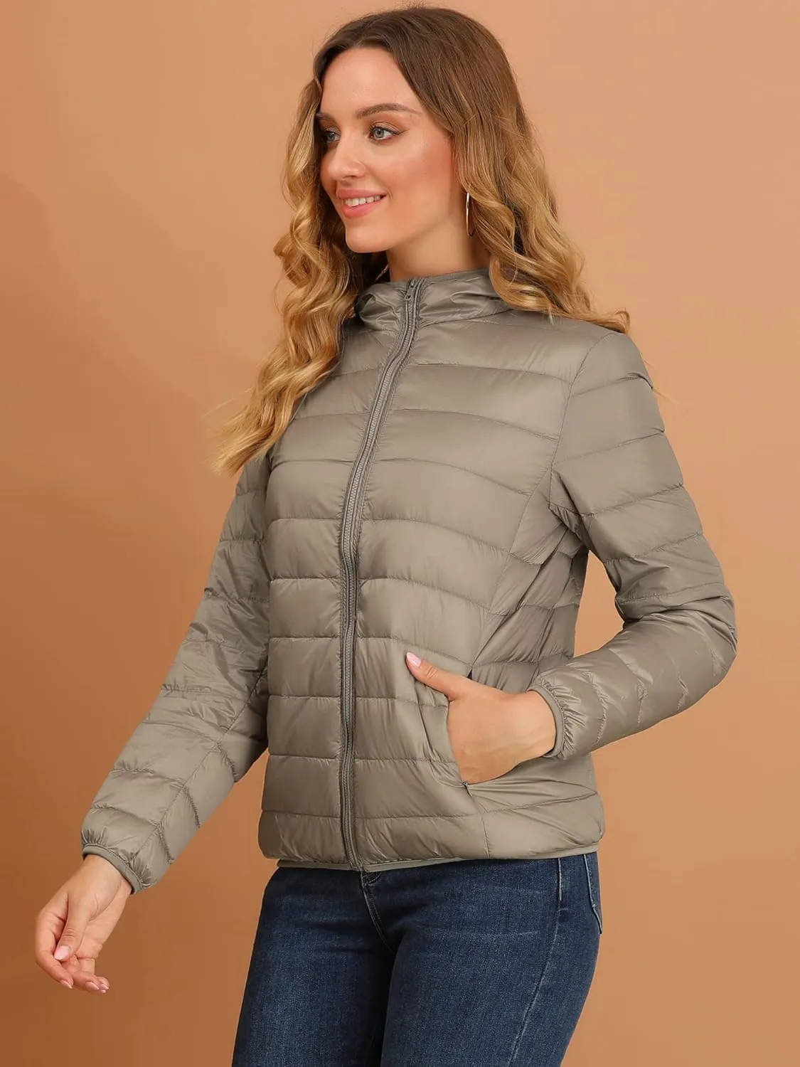 Allegra K Women's Puffer Coat Winter Long Sleeve Zip Up Hooded Lightweight Packable Down Jacket