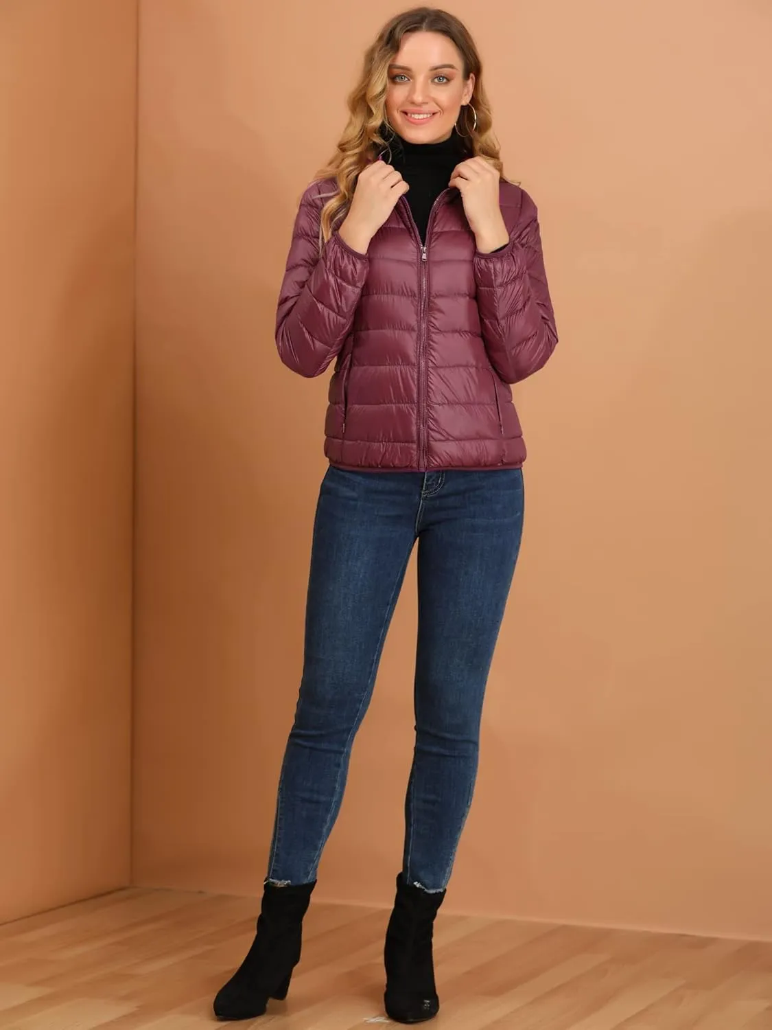Allegra K Women's Puffer Coat Winter Long Sleeve Zip Up Hooded Lightweight Packable Down Jacket