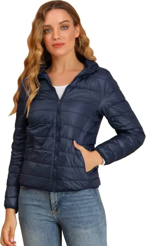 Allegra K Women's Puffer Coat Winter Long Sleeve Zip Up Hooded Lightweight Packable Down Jacket